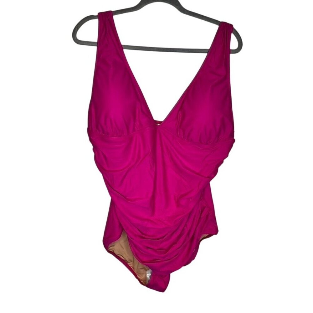 J.Crew Long-Torso Ruched V-Neck One-Piece Swimsuit Size 20 Fuchsia Pink NWT - Picture 2 of 7